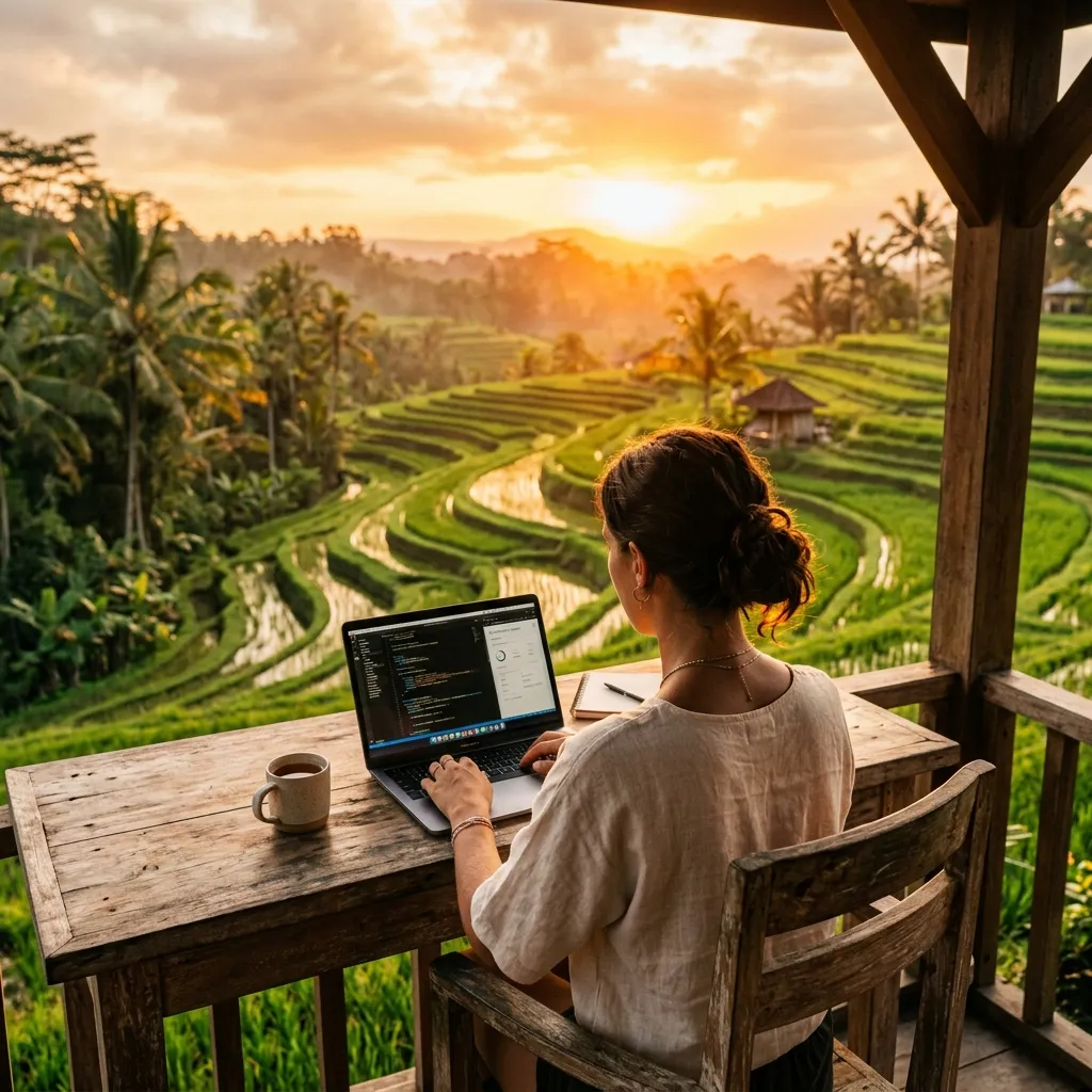 Woman working remotely in a tropical setting